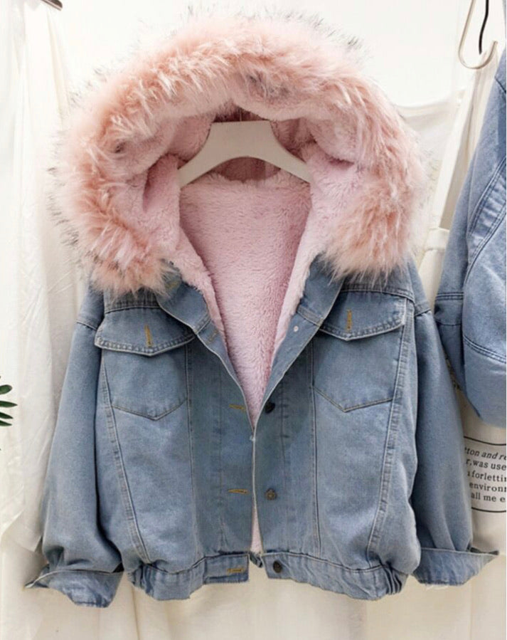 Fur hooded jean jacket